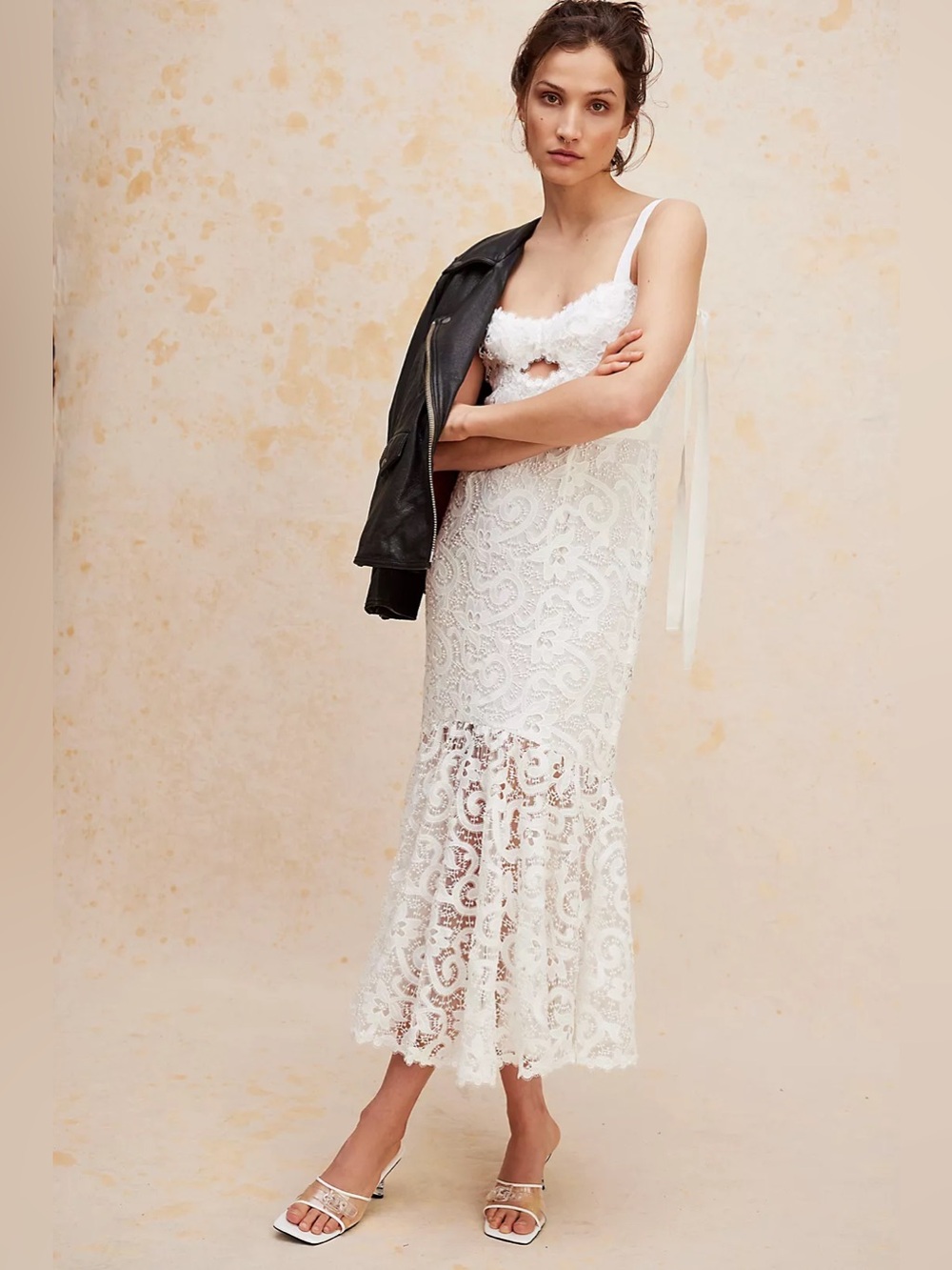 SAYLOR Lesli White Lace Midi Dress XS Bridal Bow Cutout Revolve Free People NWOT